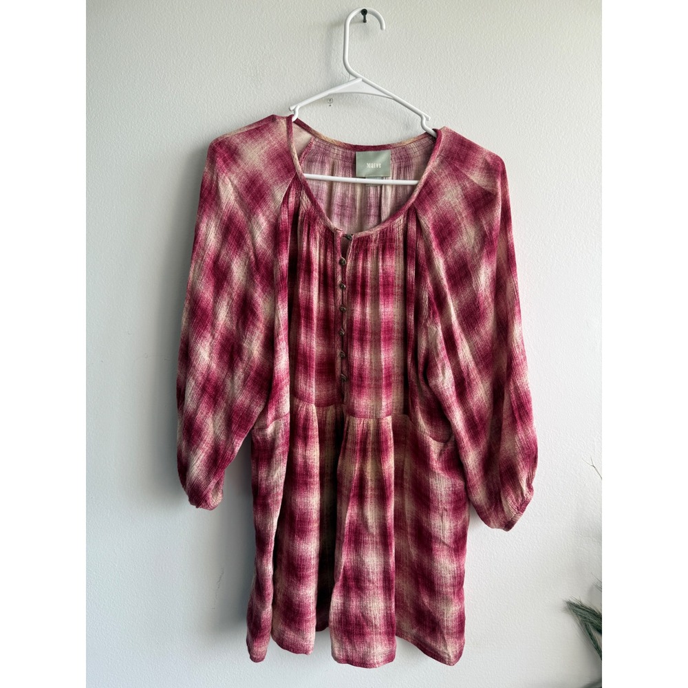 Maeve Anthropologie Womens Pink Plaid Rayon Tunic Top Boho Relaxed‎ Large L